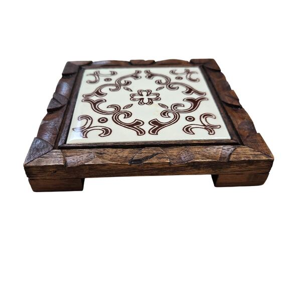 Vintage Handmade Folk Art Tile Wood  Decorative Trivet Orion Mexico Neutral - Picture 2 of 8